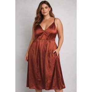 Galina‎ Signature Cinnamon Satin Midi Dress Sz 14 VNeck Spaghetti Strap NWT $169